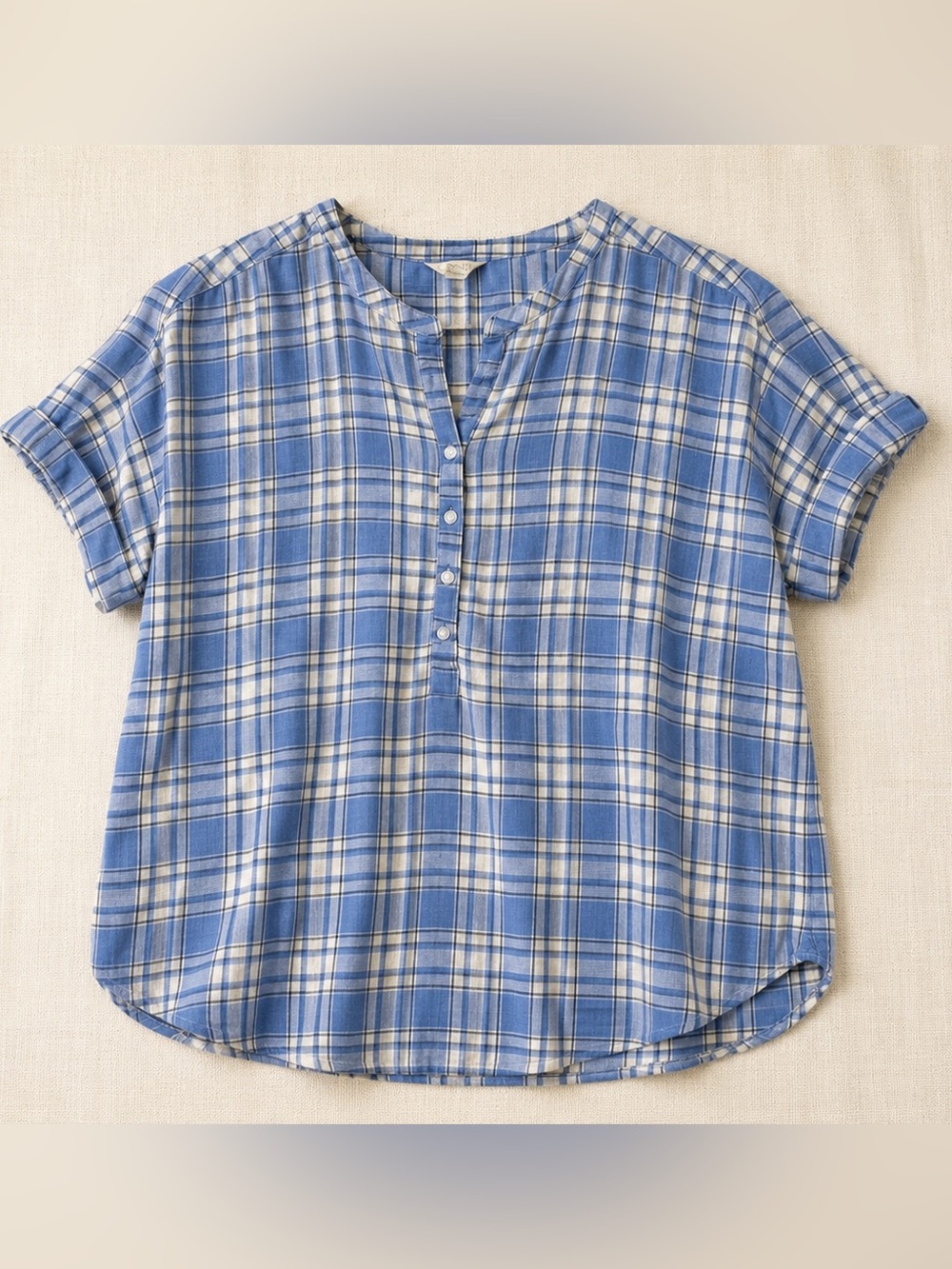 Caslon Linen Blend Blue Plaid Roll Sleeve Popover Top Medium
